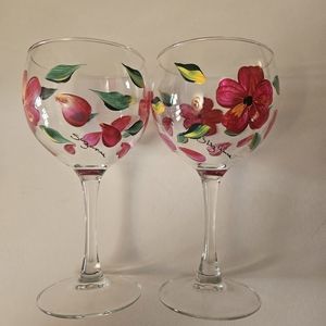 Set of beautifully handpainted floral wine glasses signed by artist new